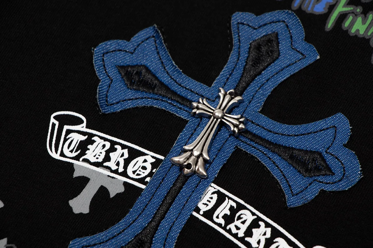 P170 Chrome Hearts Chrome Hearts Cross Metallic Denim Splicing Short Sleeves Size: SMLXL Color: White Black